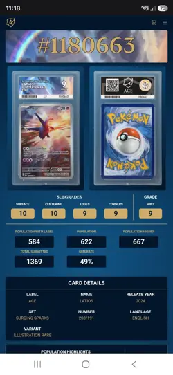 Pokemon Latios TCG Card 203/191 Surging Sparks Illustration Rare Ace 9 - Image 3