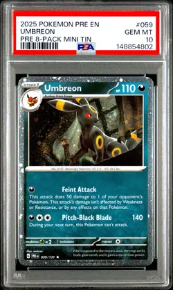 PSA 10 POKEMON PRISMATIC EVOLUTIONS 8 PACK MINI TIN UMBREON #059 COSMOS - Image 1