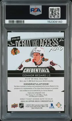 2023 UD CREDENTIALS DEBUT TICKET ACCESS AUTO #DTAACB CONNOR BEDARD 84/99 PSA 9 - Image 2