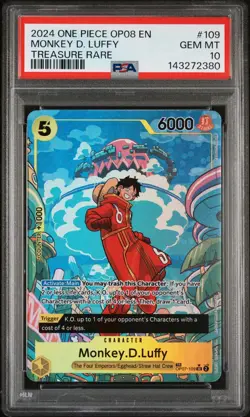 2024 One Piece OP08 EN Treasure Rare #109 Monkey D Luffy PSA 10 GEM MINT - Image 1