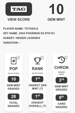 Pokemon Ex Hidden Legends Totodile 79/101 Graded 10 TAG 10 - Image 3
