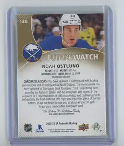 2025-26 Sp Authentic Future Watch Auto Patch Noah Ostlund RC /100 #136 - Image 2