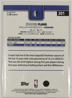2025-26 Topps Cooper Flagg Rookie RC Holo Sand Glitter SP #201 Mavericks - Image 2