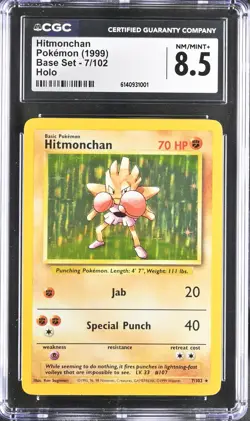 CGC 8.5 NM/MINT+ Hitmonchan 7/102 Base Set Holo Pokemon Card - Image 1