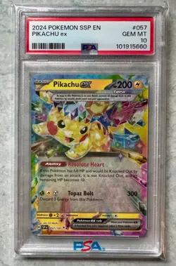 2024 POKEMON CARD SV SSP EN SURGING SPARKS #057 PIKACHU EX PSA 10 GEM MT - Image 1