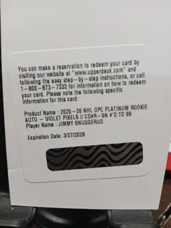 Jimmy Snuggerud 2025-26 Opc Platinum RC Autograph Violet Pixels /99 Redemption - Image 1