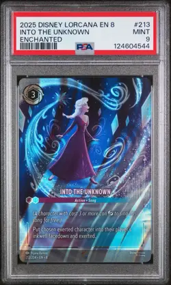 2025 DISNEY LORCANA EN 8-REIGN OF JAFAR ENCHANTED #213 INTO THE UNKNOWN PSA 9 - Image 1