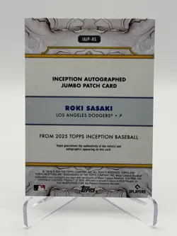 Topps Inception Baseball Jumbo Patch Auto Roki Sasaki RC #IAJP-RS /125 AU - Image 2