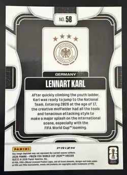 2026 Panini Prizm FIFA World Cup Lennart Karl #58 RC Rookie Silver Prizm - Image 2