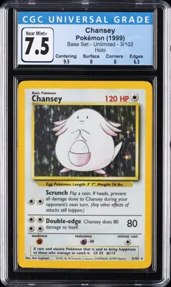 1999 POKEMON BASE SET - UNLIMITED - HOLO #3/102 CHANSEY CGC 7.5 - Image 1