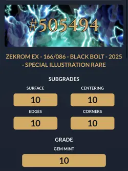 Pokemon TCG Zekrom 166/086 Black Bolt SIR Ace 10 Perfect Subgrades - Image 3