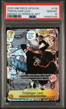 2025 ONE PIECE OP10-ROYAL BLOOD MANGA ALTERNATE ART #119 TRAFALGAR LAW PSA 10 - Image 1