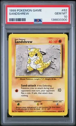 1999 Pokemon Sandshrew Base Set Unlimited #62 PSA 10 Gem Mint - Image 1