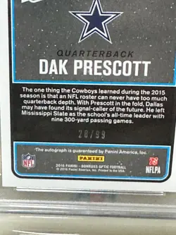 2016 Dak Prescott rc Donruss Optic prizm silver holo auto /99 PSA 10 POP 10 - Image 2