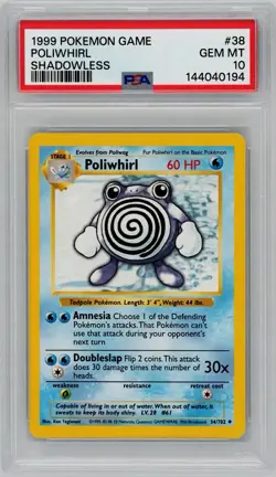 Pokemon Poliwhirl Base Set Shadowless PSA 10 038/102 Uncommon HP 60 - Image 1