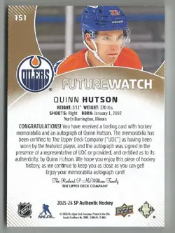 2025-26 SP Authentic Future Watch Auto Patch 078/100 Quinn Hutson FWAP #151 - Image 2