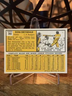 1963 Topps #360 Don Drysdale EX-EXMINT - Los Angeles Dodgers - HOF - Image 2