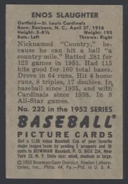 1952 BOWMAN BASEBALL ~ #232 ~ ENOS SLAUGHTER ~ HALL OF FAME ~ ST LOUIS CARDINALS - Image 2