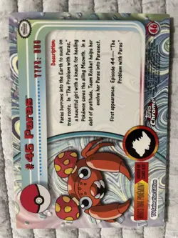 Pokemon 2000 Topps Chrome Pokemon Series 1 #46 Paras Red Logo Pokemon T.V. NM - Image 2