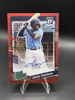 2023 Donruss Optic JUNIOR CAMINERO Red Holo Prizm RC Prospect Auto 7/49 - Image 1