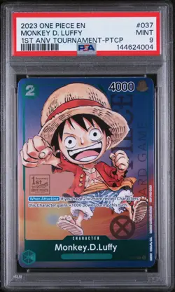 MONKEY D LUFFY P-037 1ST ANNIVERSARY, PSA 9 MINT, 2023 ONE PIECE CARD GAME - Image 1