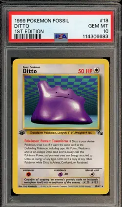 1999 POKEMON FOSSIL #18 DITTO NON HOLO RARE GEM MT PSA 10 1ST EDITION 18/62 - Image 1
