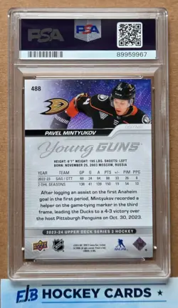 2023-2024 Upper Deck Series 2 Pavel Mintyukov #488 Young Guns PSA 10 - Image 2