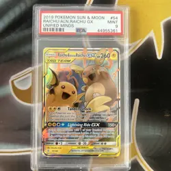 2019 POKEMON SUN & MOON UNIFIED MINDS #54 RAICHU & ALOLAN RAICHU GX PSA 9 - Image 1