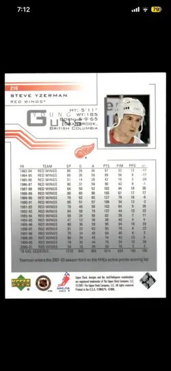 2001-02 UPPER DECK - STEVE YZERMAN YOUNG GUNS FLASHBACK CARD #216 - RED WINGS - Image 4