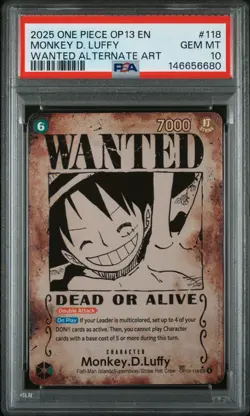 2025 One Piece OP13 EN #118 Monkey.D.Luffy Wanted Poster ALT ART PSA 10 - Image 1