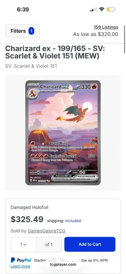 Pokemon TCG Charizard EX 199/165 Scarlet & Violet 151 Card - Image 1