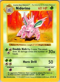 Nidorino 37/102 Uncommon Base Set Shadowless Pokemon Unlimited Heavily Played - Image 1