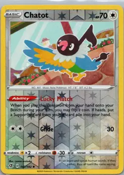 Pokemon TCG Chatot 142/192 Rebel Clash Rev Holo NM - Image 1