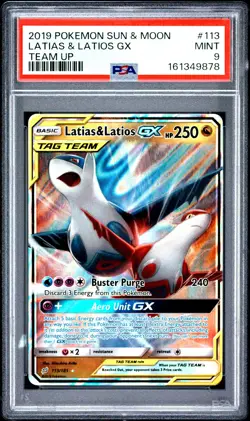 2019 POKEMON SUN & MOON TEAM UP #113 LATIAS & LATIOS GX PSA 9 - Image 1