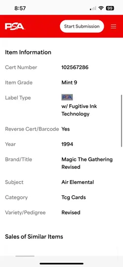 AIR ELEMENTAL Revised Edition 1994 Magic The Gathering MTG PSA 9 MINT🔥Low Pop🔥 - Image 5