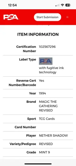 NETHER SHADOW Revised Edition 1994 Magic The Gathering (MTG) PSA 9 MINT 🔥Rare🔥 - Image 4