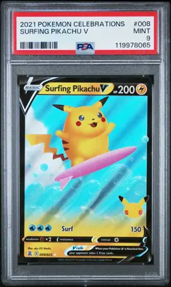 2021 POKEMON CELEBRATIONS #008 SURFING PIKACHU V PSA 9 - Image 1