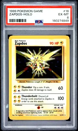 1999 POKEMON BASE SET UNLIMITED #16 ZAPDOS-HOLO PSA 6 - Image 1
