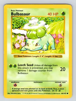 Pokemon TCG Bulbasaur Base Set 44/102 Regular Shadowless Common - Image 1