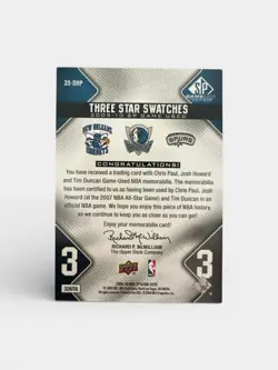 2009-10 SP GAME USED SWATCHES CHRIS PAUL/ HOF TIM DUNCAN/ JOSH HOWARD 14/50 MINT - Image 2