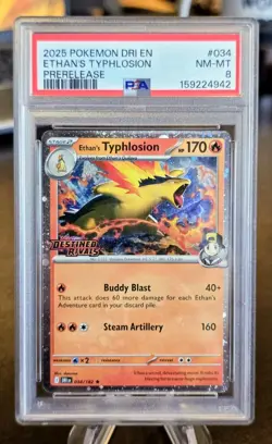 Ethan's Typhlosion #34 Pokemon Destined Rivals PSA 8 Prerelease Stamp 034/182 - Image 1