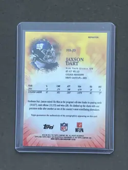 2025 TOPPS FINEST NFL JAXSON DART ROOKIE FRESHMAN ON-CARD AUTO NEW YORK GIANTS - Image 2
