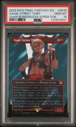 2025 MTG FINAL FANTASY CHARACTER BORDERLESS-SURGE FOIL VAAN, STREET THIEF PSA 10 - Image 1