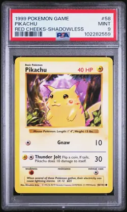 PSA 9 Pikachu 58/102 Red Cheeks Shadowless Base Set 1999 Pokemon Card - Image 1