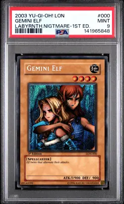 2003 YU-GI-OH! LON-LABYRINTH OF NIGHTMARE 1ST EDITION #000 GEMINI ELF PSA 9 - Image 1