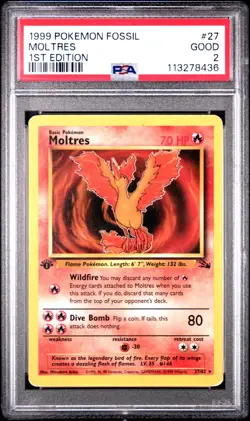 PSA 2 Moltres 27/62 1st Edition Fossil 1999 Pokemon Card - Image 1