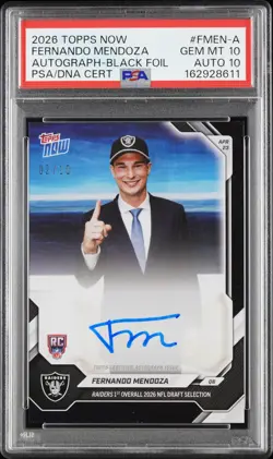 2026 TOPPS NOW AUTO-BLACK FOIL #FMEN-A FERNANDO MENDOZA 2/10 PSA 10 AUTO 10 - Image 1
