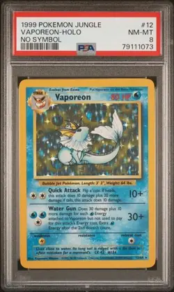 PSA 8 Vaporeon Holo 12/64 No Symbol ERROR Jungle 1999 Pokemon Card - Image 1