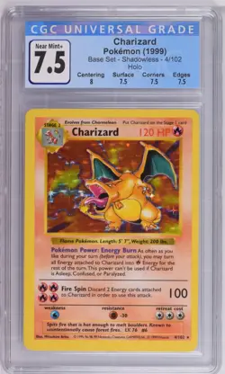 CGC 7.5 Charizard Holo 4/102 Shadowless Base Set 1999 Pokemon Card - Image 1