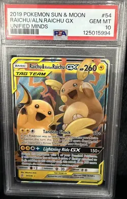 2019 POKEMON SUN & MOON UNIFIED MINDS #54 RAICHU & ALOLAN RAICHU GX PSA 10 - Image 1